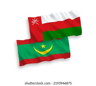Banderas de olas de tela vectorial nacional del Sultanato de Omán y la República Islámica de Mauritania aisladas en fondo blanco. de 1 a 2.