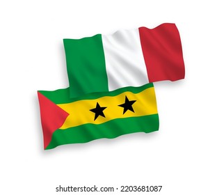 National vector fabric wave flags of Italy and Saint Thomas and Prince isolated on white background. 1 to 2 proportion.