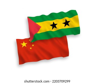 National vector fabric wave flags of Saint Thomas and Prince and China isolated on white background 1 to 2 proportion.