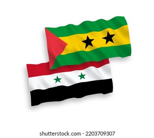 National vector fabric wave flags of Saint Thomas and Prince and Syria isolated on white background. 1 to 2 proportion.