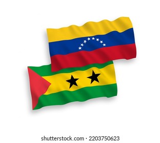 National vector fabric wave flags of Venezuela and Saint Thomas and Prince isolated on white background. 1 to 2 proportion.