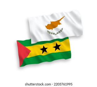 National vector fabric wave flags of Cyprus and Saint Thomas and Prince isolated on white background. 1 to 2 proportion.