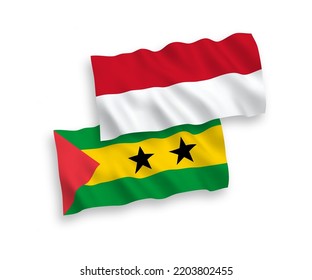 Banderas de ondulación de tela vectorial nacional de Indonesia y Santo Tomás y Príncipe aisladas de fondo blanco. de 1 a 2.