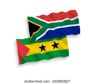 Nationale Vektor-Wellen-Flaggen von St. Thomas und Prinz und Republik Südafrika einzeln auf weißem Hintergrund. 1 bis 2 %.