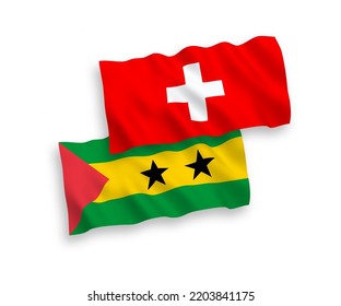 Nationale Vektor-Wellen-Flaggen von St. Thomas und Prinz und der Schweiz einzeln auf weißem Hintergrund. 1 bis 2 %.