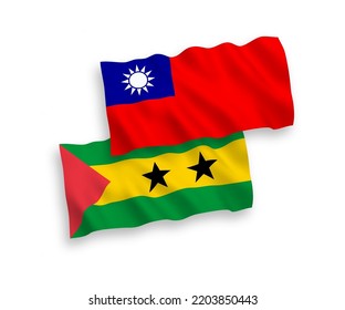 National vector fabric wave flags of Saint Thomas and Prince and Taiwan isolated on white background. 1 to 2 proportion.