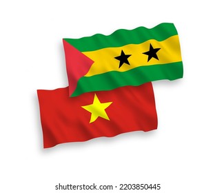 National vector fabric wave flags of Saint Thomas and Prince and Vietnam isolated on white background. 1 to 2 proportion.