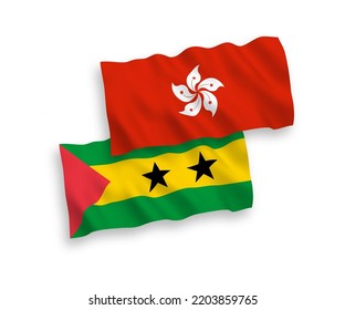 Banderas de olas de tela vectorial nacional de Santo Tomás y Príncipe y Hong Kong aisladas en fondo blanco. de 1 a 2.