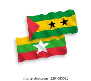 Banderas de olas de tela vectorial nacional de Santo Tomás y Príncipe y Myanmar aisladas en fondo blanco. de 1 a 2.