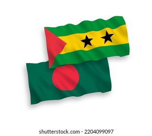 National vector fabric wave flags of Saint Thomas and Prince and Bangladesh isolated on white background. 1 to 2 proportion.