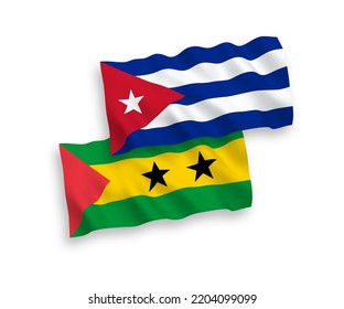 National vector fabric wave flags of Saint Thomas and Prince and Cuba isolated on white background. 1 to 2 proportion.