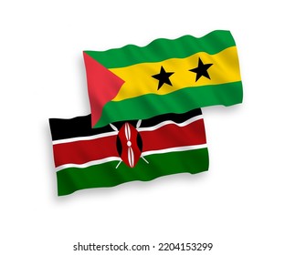 National vector fabric wave flags of Saint Thomas and Prince and Kenya isolated on white background. 1 to 2 proportion.
