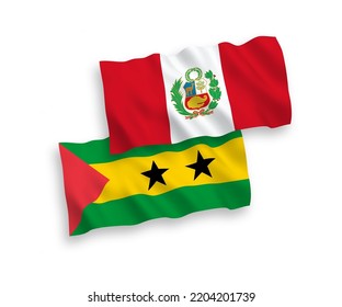 Banderas de olas de tela vectorial nacional de Santo Tomás y Príncipe y Perú aisladas en fondo blanco. de 1 a 2.