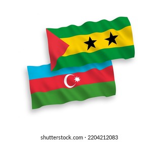 National vector fabric wave flags of Saint Thomas and Prince and Azerbaijan isolated on white background. 1 to 2 proportion.
