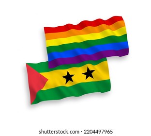 Banderas de tela vectorial nacional ondean banderas de Santo Tomás y Príncipe y el orgullo gay arcoiris aislado en fondo blanco. de 1 a 2.