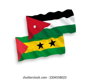 National vector fabric wave flags of Saint Thomas and Prince and Hashemite Kingdom of Jordan isolated on white background. 1 to 2 proportion.