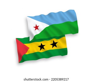Banderas de olas de tela vectorial nacional de Santo Tomás y Príncipe y la República de Djibouti aisladas de fondo blanco. de 1 a 2.