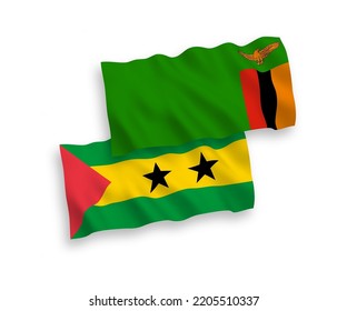 National vector fabric wave flags of Saint Thomas and Prince and Republic of Zambia isolated on white background. 1 to 2 proportion.