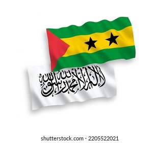 National vector fabric wave flags of Saint Thomas and Prince and Islamic Emirate of Afghanistan isolated on white background. 1 to 2 proportion.