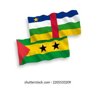 National vector fabric wave flags of Saint Thomas and Prince and Central African Republic isolated on white background. 1 to 2 proportion.