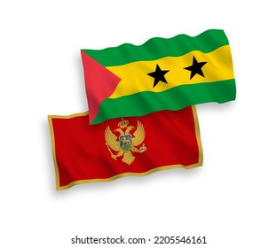 National vector fabric wave flags of Saint Thomas and Prince and Montenegro isolated on white background. 1 to 2 proportion.