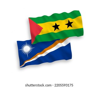 National vector fabric wave flags of Saint Thomas and Prince and Republic of the Marshall Islands isolated on white background. 1 to 2 proportion.