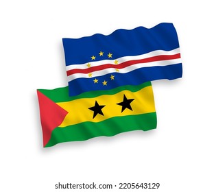 National vector fabric wave flags of Saint Thomas and Prince and Republic of Cabo Verde isolated on white background. 1 to 2 proportion.