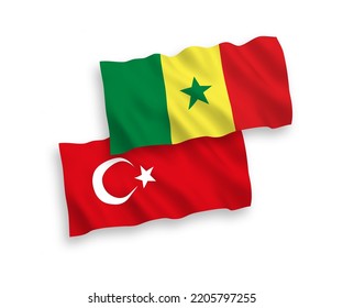 National vector fabric wave flags of Turkey and Republic of Senegal isolated on white background. 1 to 2 proportion.