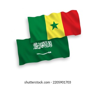 National vector fabric wave flags of Saudi Arabia and Republic of Senegal isolated on white background. 1 to 2 proportion.