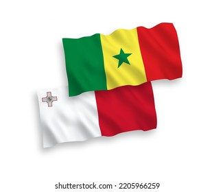 National vector fabric wave flags of Malta and Republic of Senegal isolated on white background. 1 to 2 proportion.
