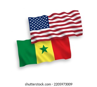 National vector fabric wave flags of Republic of Senegal and USA isolated on white background. 1 to 2 proportion.