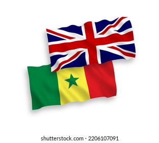 National vector fabric wave flags of Great Britain and Republic of Senegal isolated on white background. 1 to 2 proportion.