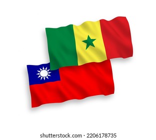 National vector fabric wave flags of Republic of Senegal and Taiwan isolated on white background. 1 to 2 proportion.