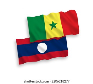 National vector fabric wave flags of Republic of Senegal and Laos isolated on white background. 1 to 2 proportion.