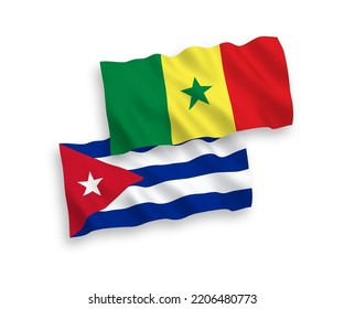 National vector fabric wave flags of Republic of Senegal and Cuba isolated on white background. 1 to 2 proportion.
