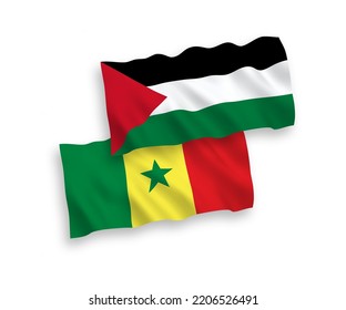 National vector fabric wave flags of Republic of Senegal and Palestine isolated on white background. 1 to 2 proportion.