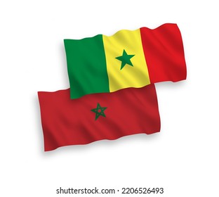 National vector fabric wave flags of Republic of Senegal and Morocco isolated on white background. 1 to 2 proportion.