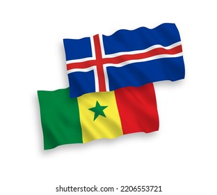 National vector fabric wave flags of Republic of Senegal and Iceland isolated on white background. 1 to 2 proportion.
