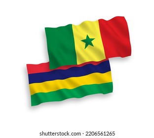 National vector fabric wave flags of Republic of Senegal and Republic of Mauritius isolated on white background. 1 to 2 proportion.