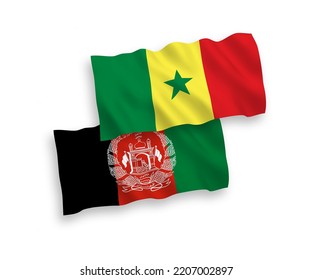 National vector fabric wave flags of Republic of Senegal and Islamic Republic of Afghanistan isolated on white background. 1 to 2 proportion.