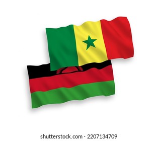 National vector fabric wave flags of Republic of Senegal and Malawi isolated on white background. 1 to 2 proportion.