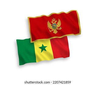National vector fabric wave flags of Republic of Senegal and Montenegro isolated on white background. 1 to 2 proportion.