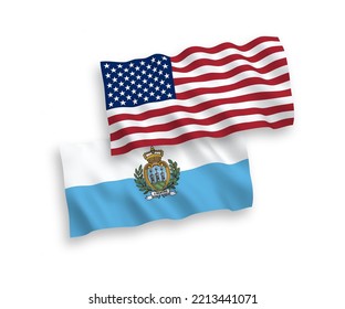 National vector fabric wave flags of San Marino and USA isolated on white background. 1 to 2 proportion.