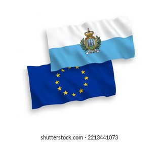 National vector fabric wave flags of European Union and San Marino isolated on white background. 1 to 2 proportion.