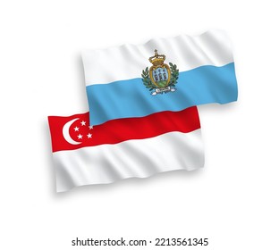 National vector fabric wave flags of San Marino and Singapore isolated on white background. 1 to 2 proportion.