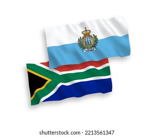 Nationale Vektor-Wellen-Flaggen von San Marino und der Republik Südafrika einzeln auf weißem Hintergrund. 1 bis 2 %.
