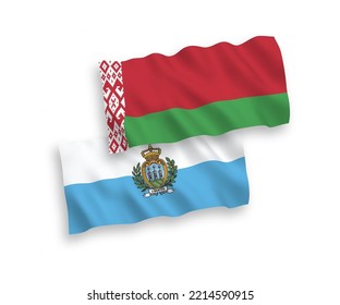 National vector fabric wave flags of San Marino and Belarus isolated on white background. 1 to 2 proportion.