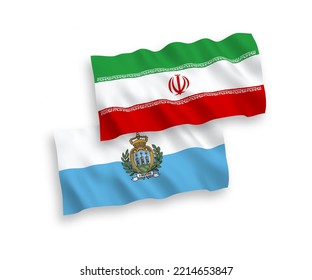 National vector fabric wave flags of San Marino and Iran isolated on white background. 1 to 2 proportion.