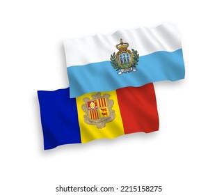 National vector fabric wave flags of San Marino and Andorra isolated on white background. 1 to 2 proportion.