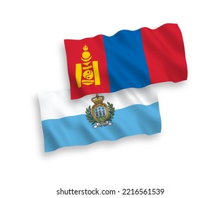 National vector fabric wave flags of San Marino and Mongolia isolated on white background. 1 to 2 proportion.